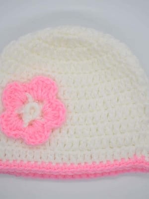 Crocheted Hat-white with pink flower