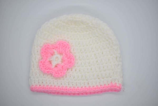 Crocheted Hat-white with pink flower